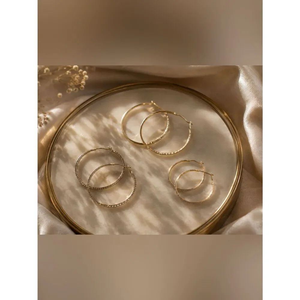 Luxury Set Of 3 Gold Rhinestone Hoop Earrings In 3 Trendy Oversized Sizes